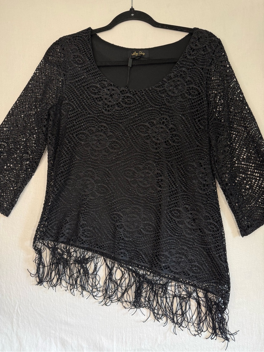 Melissa Paige Black Crochet Fringe Scoop Neck Tunic Size PM